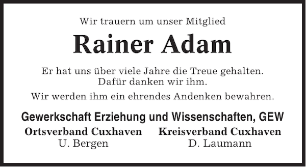 Rainer Adam: Gedenken : Cuxhavener Nachrichten
