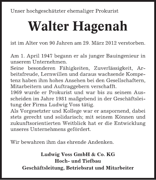 Walter Hagenah: Gedenken : Cuxhavener Nachrichten