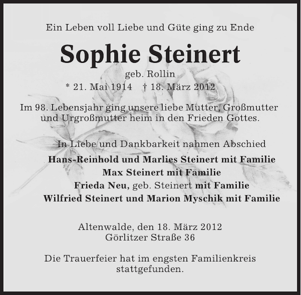Sophie Steinert Traueranzeige Cuxhavener Nachrichten