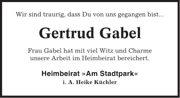 Gertrud Gabel Traueranzeige Cuxhavener Nachrichten