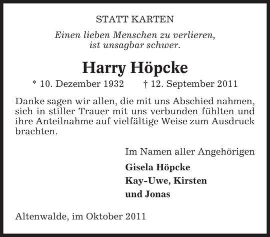 Harry Höpcke Danksagung Cuxhavener Nachrichten