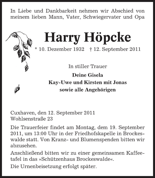 Harry Höpcke Traueranzeige Cuxhavener Nachrichten