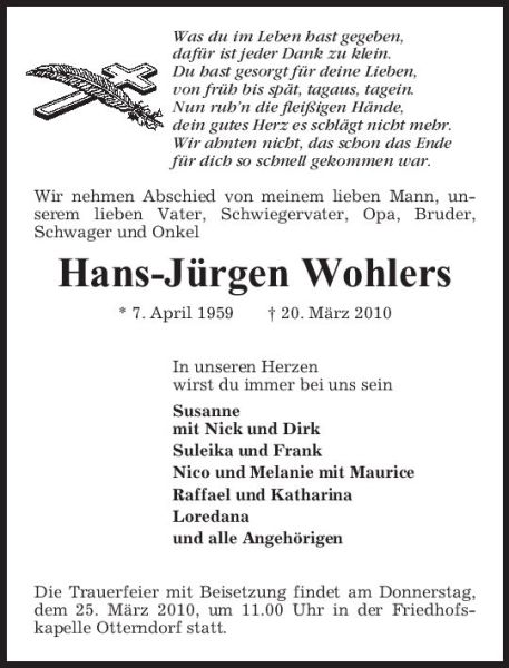 Hans Jürgen Wohlers Traueranzeige Cuxhavener Nachrichten