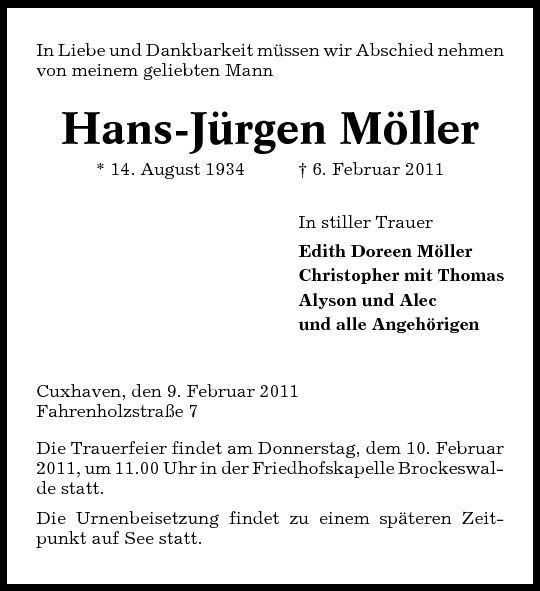 Hans Jürgen Möller Traueranzeige Cuxhavener Nachrichten