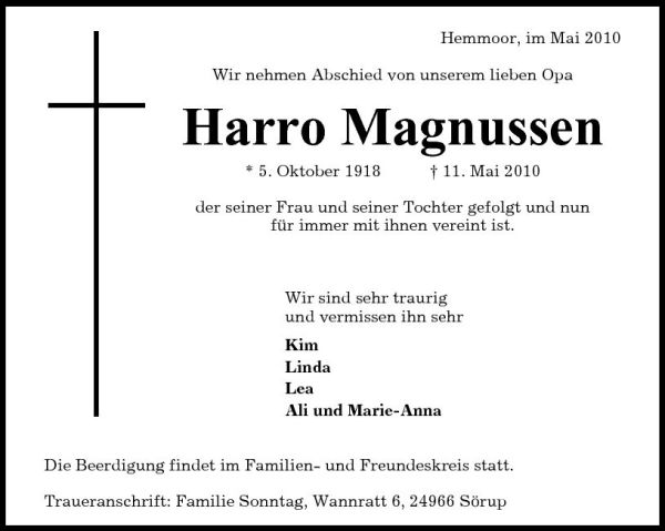 Harro Magnussen Traueranzeige Cuxhavener Nachrichten