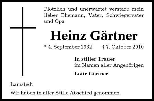 Heinz Gärtner Traueranzeige Cuxhavener Nachrichten