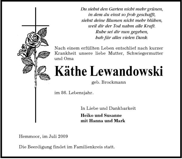 Käthe Lewandowski Traueranzeige Cuxhavener Nachrichten
