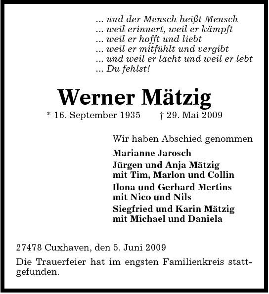 Werner Mätzig Traueranzeige Cuxhavener Nachrichten