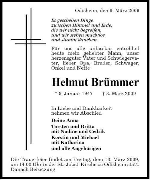 Helmut Brümmer Traueranzeige Cuxhavener Nachrichten