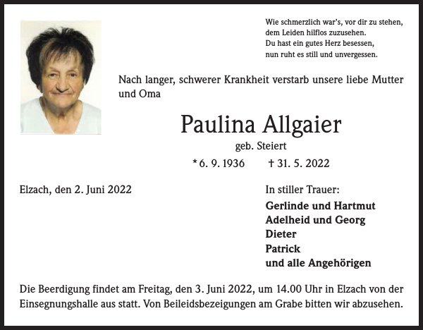 Paulina Allgaier: Traueranzeige : Badische Zeitung