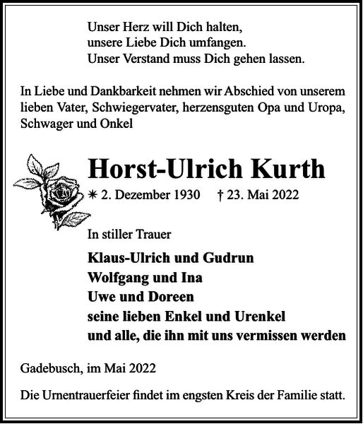 HorstUlrich Kurth Danksagung GadebuschRehnaer Zeitung
