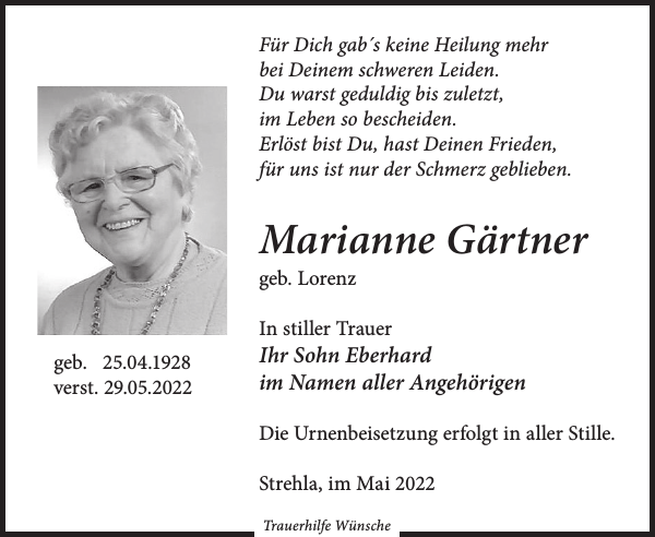 Marianne Gärtner : Traueranzeige : Wochen Kurier