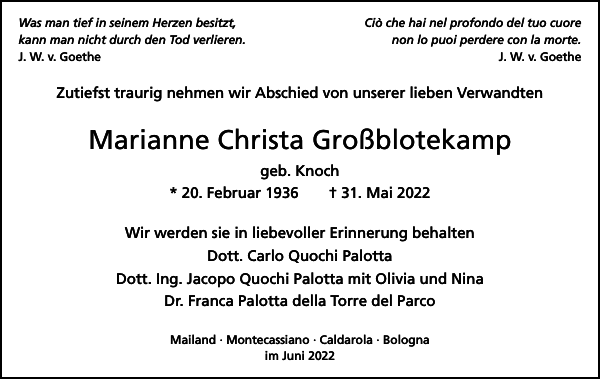 Marianne Christa Großblotekamp Traueranzeige Badische Zeitung 