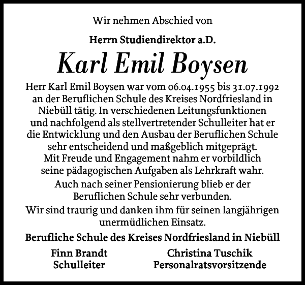 Karl Emil Boysen Gedenken Nordfriesland Tageblatt