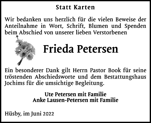 Frieda Petersen : Danksagung : Schleswiger Nachrichten