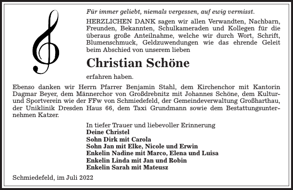 Christian Schöne Traueranzeige Sächsische Zeitung