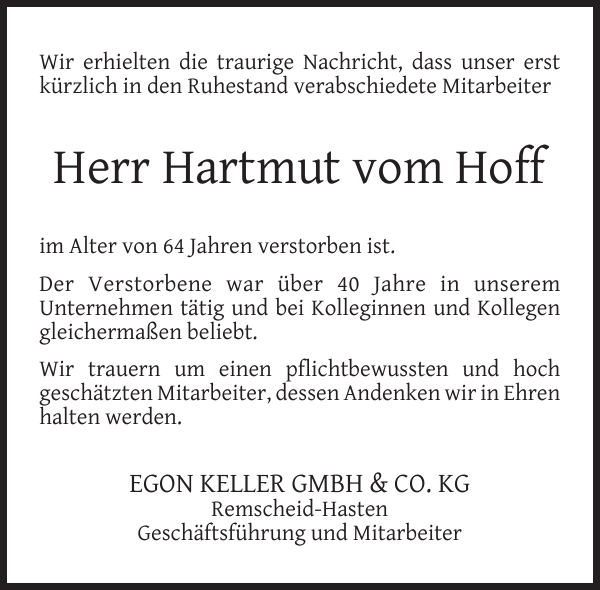 Hartmut vom Hoff: Traueranzeige : Remscheider General-Anzeiger