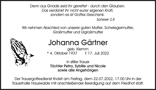 Johanna Gärtner Traueranzeige Sächsische Zeitung