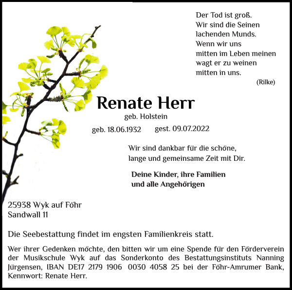 Renate: Traueranzeige : Der Insel-Bote