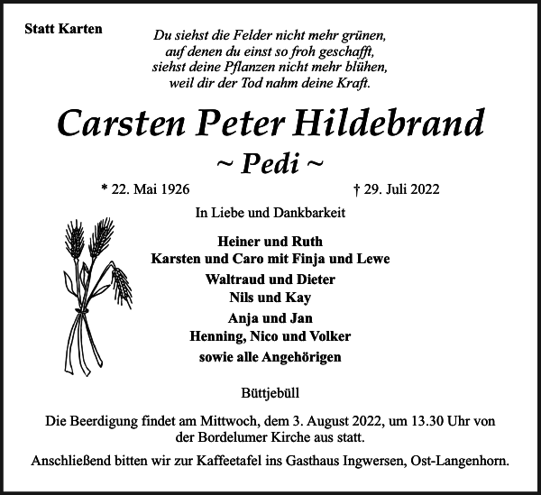 Carsten Peter Hildebrand Traueranzeige Husumer Nachrichten