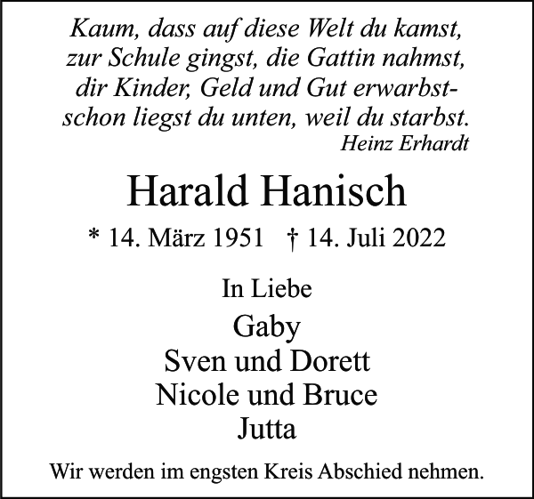 Harald Hanisch Traueranzeige Uetersener Nachrichten