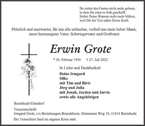 Erwin Grote Traueranzeige Stader Tageblatt
