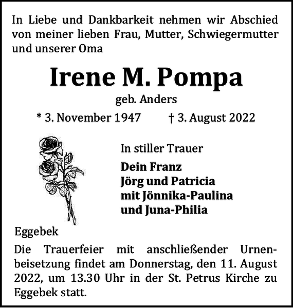 Irene M. Pompa Danksagung Flensburger Tageblatt
