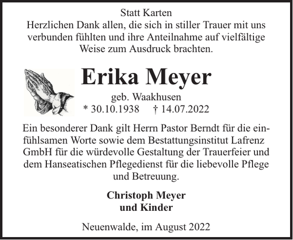 Erika Meyer : Gedenken : Nordsee-Zeitung