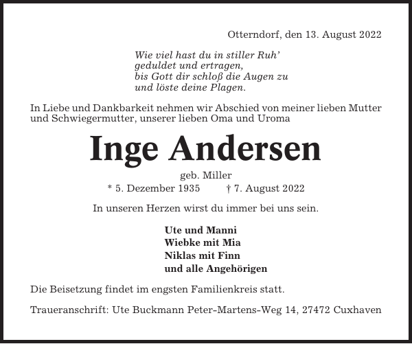Inge Andersen : Traueranzeige : Niederelbe-Zeitung