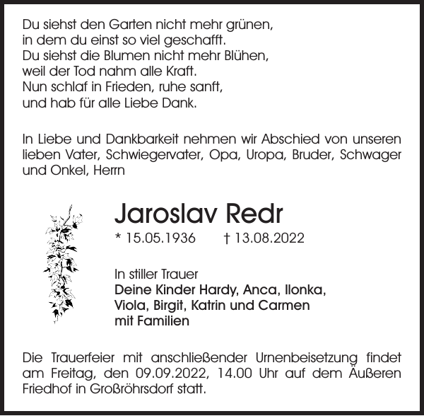 Jaroslav Redr Traueranzeige Sächsische Zeitung