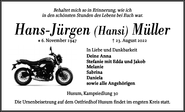 HansJürgen Müller Danksagung Husumer Nachrichten