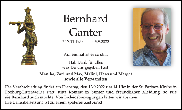 Bernhard Ganter Traueranzeige Badische Zeitung