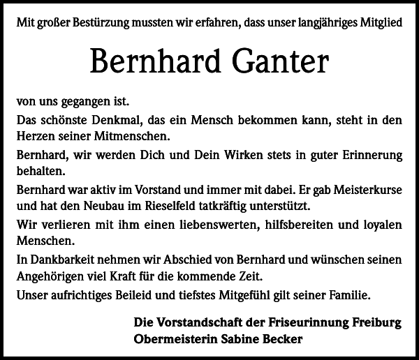 Bernhard Ganter Traueranzeige Badische Zeitung