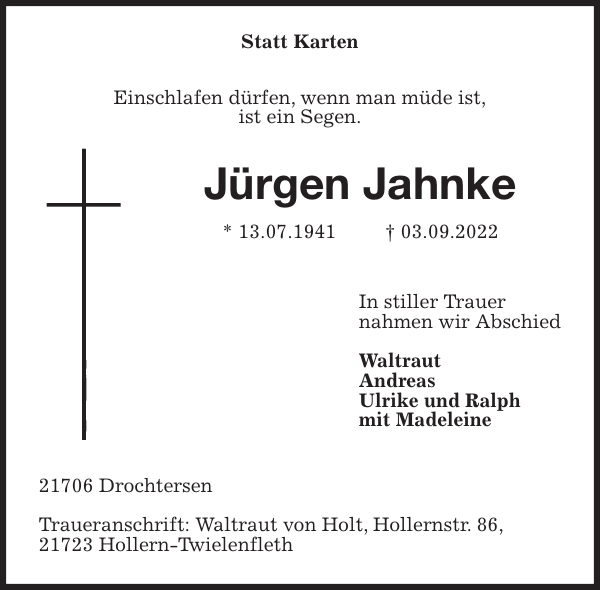 Jürgen Jahnke Traueranzeige Stader Tageblatt