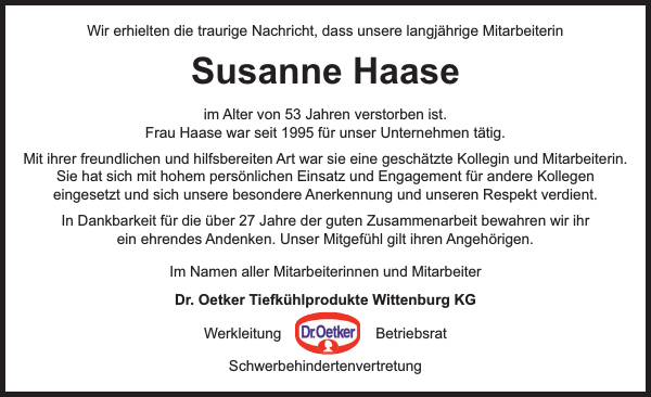 Susanne Haase Gedenken Hagenower Kreisblatt