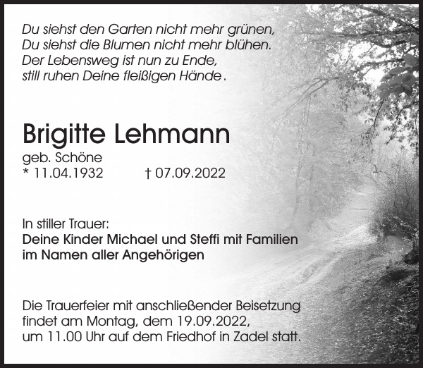 Brigitte Lehmann Traueranzeige Sächsische Zeitung