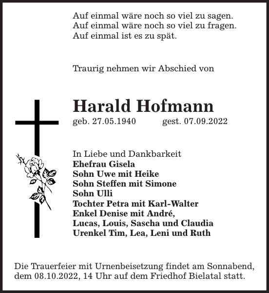 Harald Hofmann Traueranzeige Sächsische Zeitung