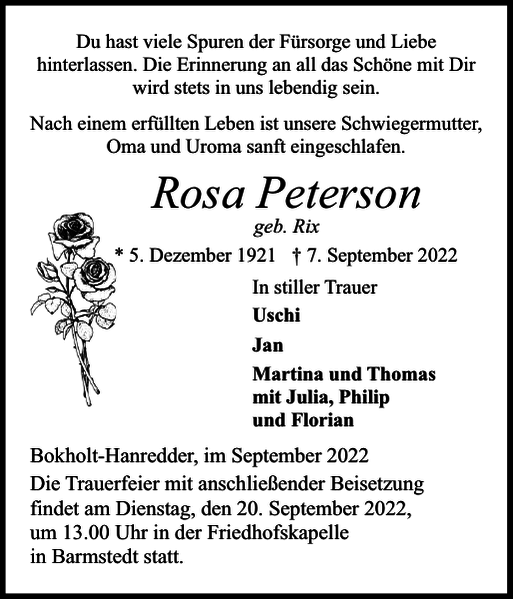 Rosa Peterson Traueranzeige Elmshorner Nachrichten