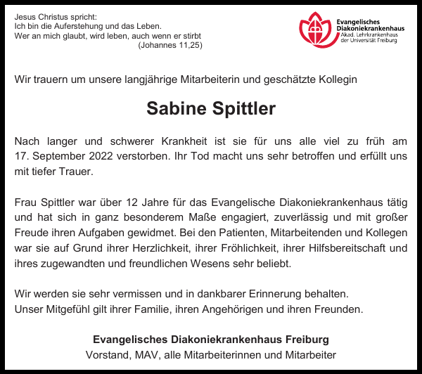 Sabine Spittler Traueranzeige Badische Zeitung
