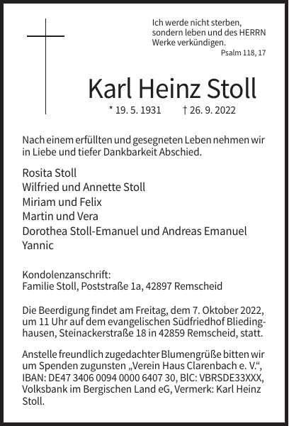 KarlHeinz Stoll Traueranzeige Remscheider GeneralAnzeiger