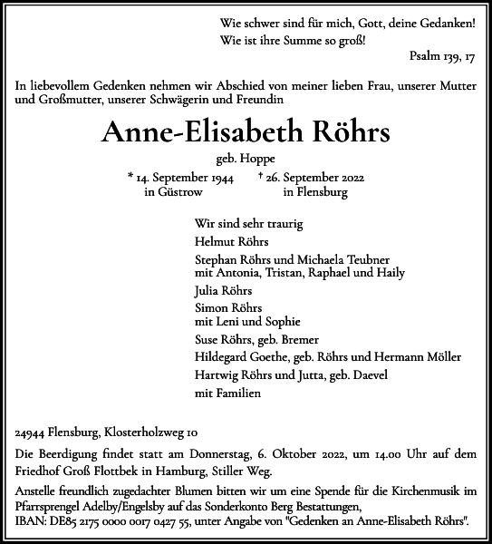 Anne-Elisabeth Röhrs: Traueranzeige : Flensburger Tageblatt