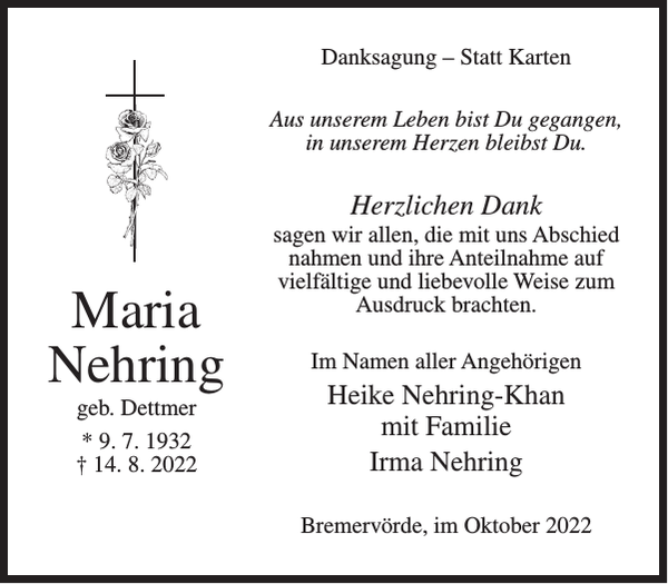 Maria Nehring Danksagung Bremervörder Zeitung