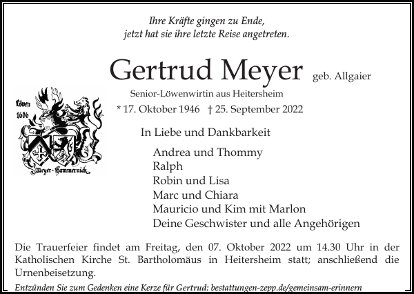 Gertrud Meyer Traueranzeige Badische Zeitung