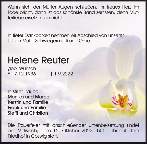 Helene Reuter Traueranzeige Sächsische Zeitung
