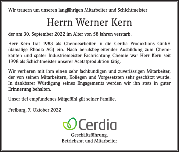 Werner Kern Traueranzeige Badische Zeitung