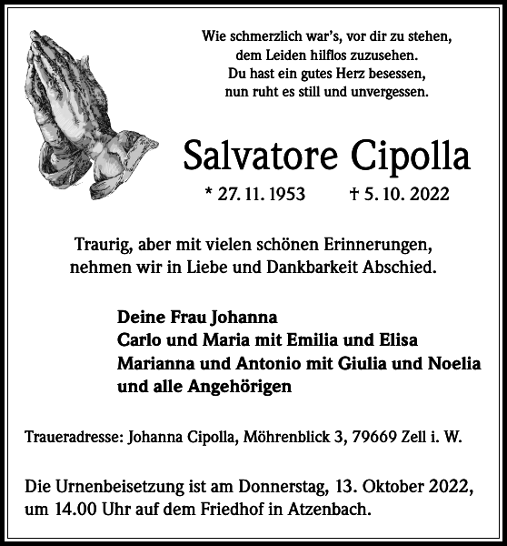 Salvatore Cipolla Traueranzeige Badische Zeitung