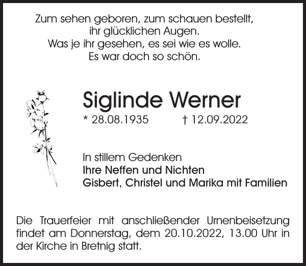 Zum Sehen Geboren Zum Schauen Bestellt Siglinde Werner: Traueranzeige : Sächsische Zeitung