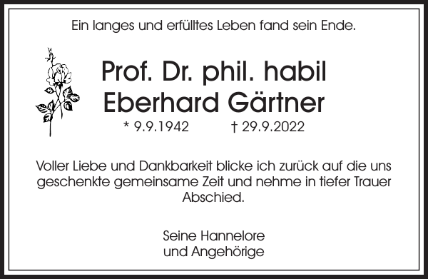 Prof. Dr. phil. habil Eberhard Gärtner Traueranzeige Sächsische Zeitung