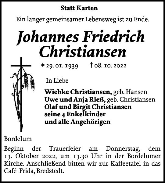 Johannes Friedrich Christiansen Traueranzeige Husumer Nachrichten