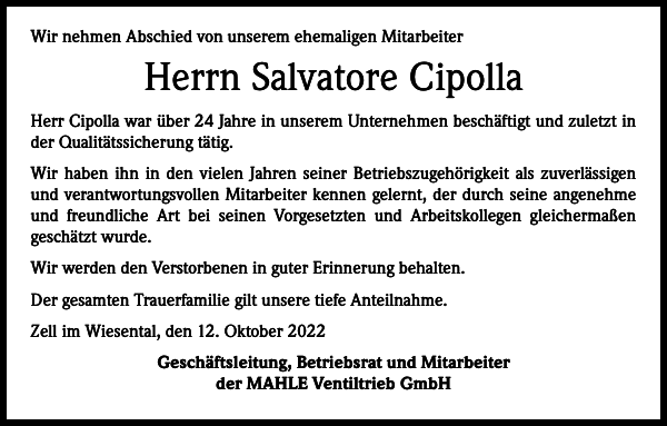 Salvatore Cipolla Traueranzeige Badische Zeitung